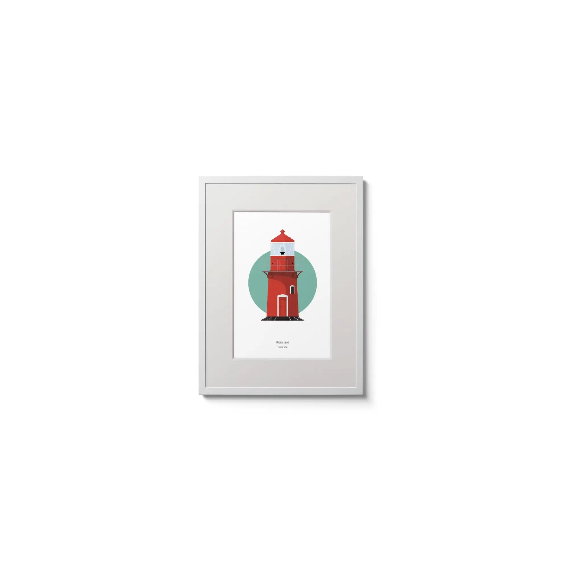 Illustration of Rosslare Harbour lighthouse on a white background inside light blue square,  in a white frame measuring 15x20cm.