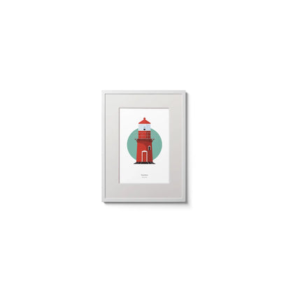Illustration of Rosslare Harbour lighthouse on a white background inside light blue square,  in a white frame measuring 15x20cm.