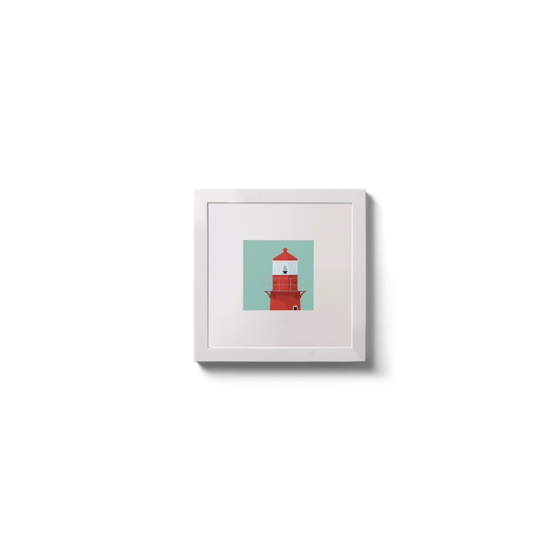 Illustration of Rosslare Harbour lighthouse on an ocean green background,  in a white square frame measuring 10x10cm.