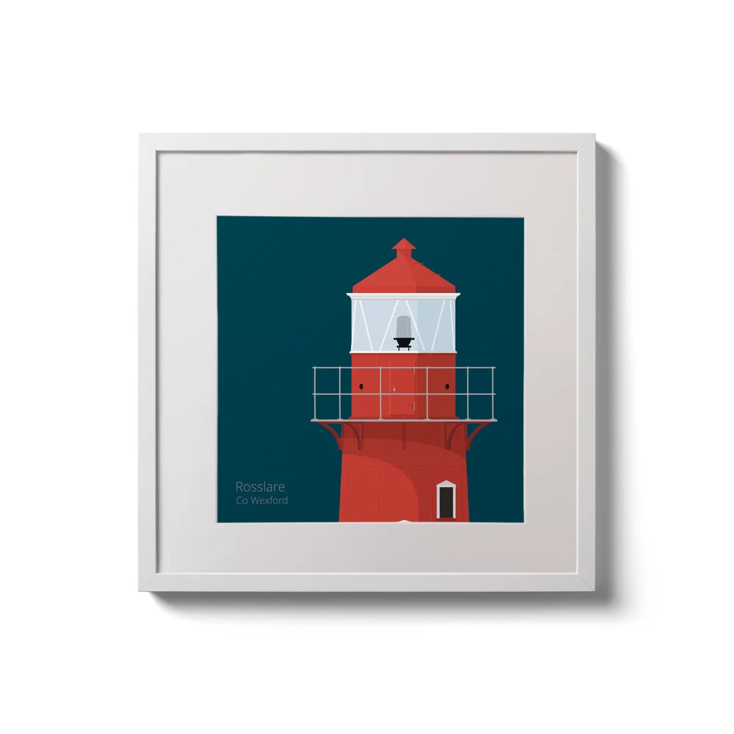 Illustration of Rosslare Harbour lighthouse on a midnight blue background,  in a white square frame measuring 20x20cm.