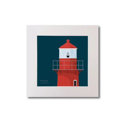 Illustration of Rosslare Harbour lighthouse on a midnight blue background, mounted and measuring 20x20cm.