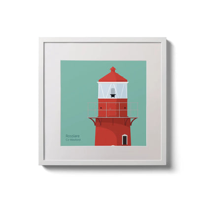 Illustration of Rosslare Harbour lighthouse on an ocean green background,  in a white square frame measuring 20x20cm.