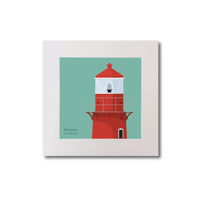 Illustration of Rosslare Harbour lighthouse on an ocean green background, mounted and measuring 20x20cm.