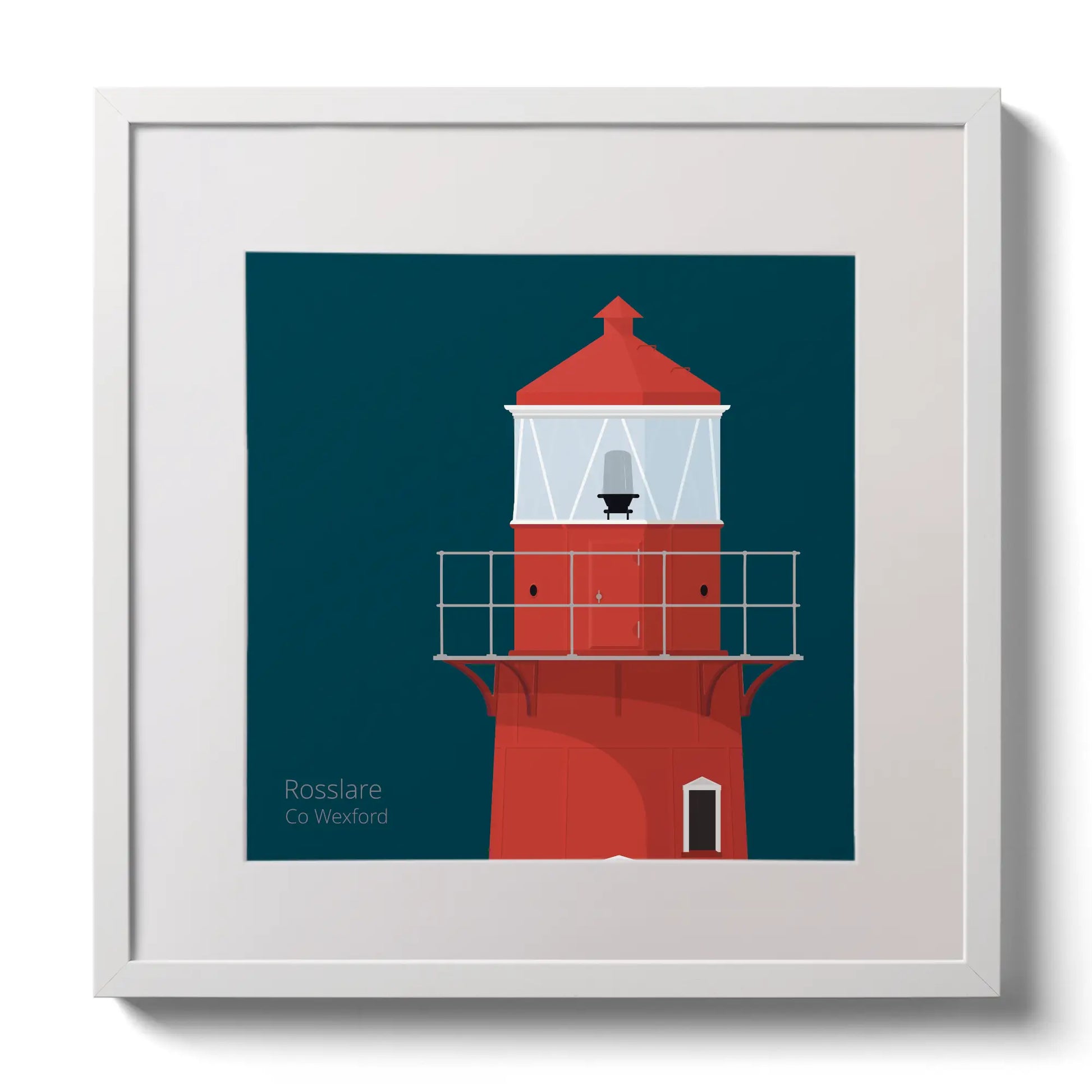 Illustration of Rosslare Harbour lighthouse on a midnight blue background,  in a white square frame measuring 30x30cm.