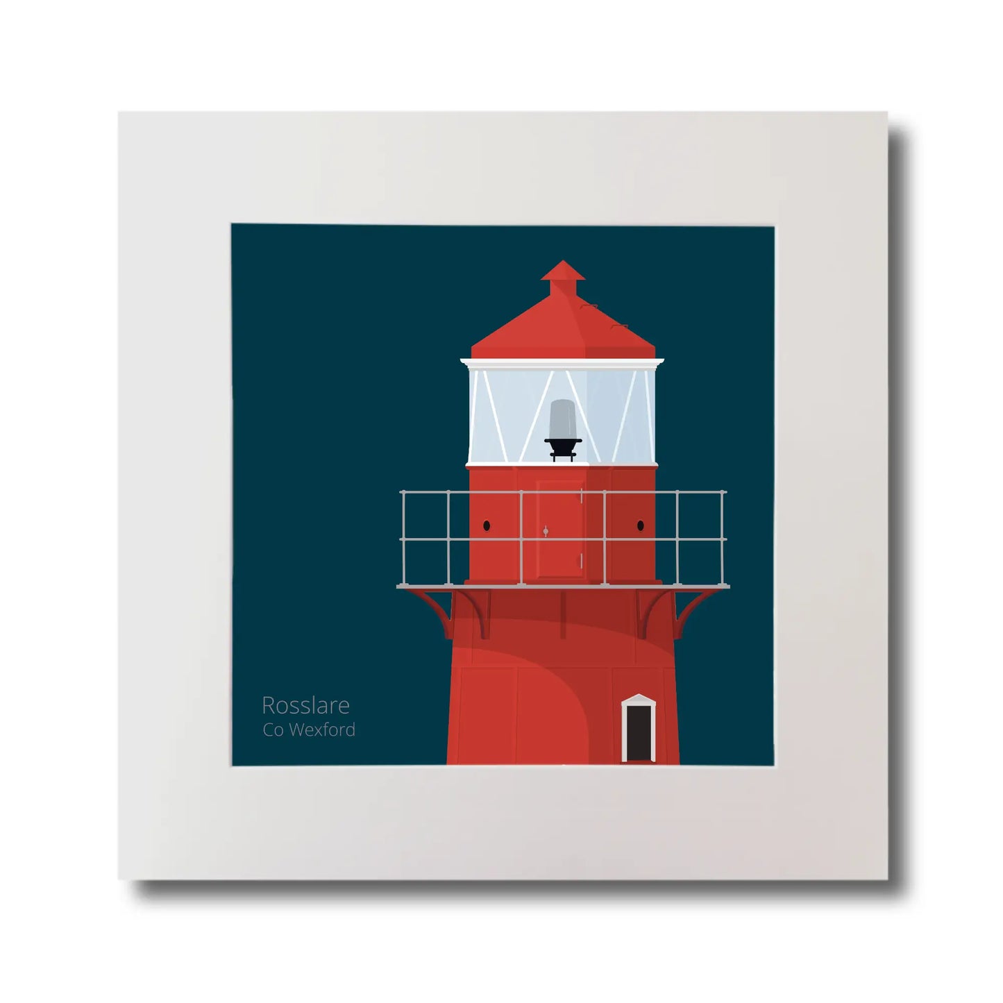 Illustration of Rosslare Harbour lighthouse on a midnight blue background, mounted and measuring 30x30cm.