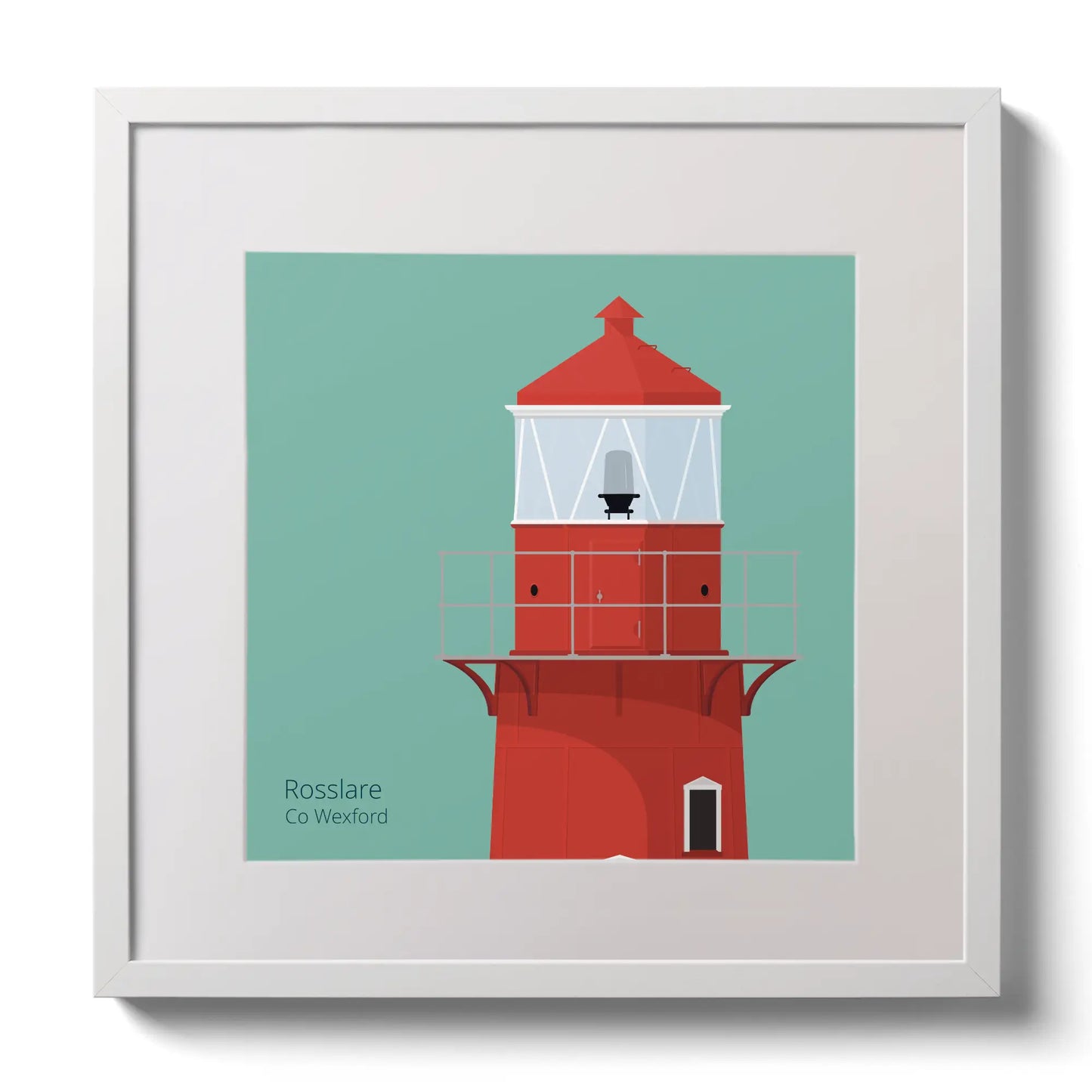 Illustration of Rosslare Harbour lighthouse on an ocean green background,  in a white square frame measuring 30x30cm.