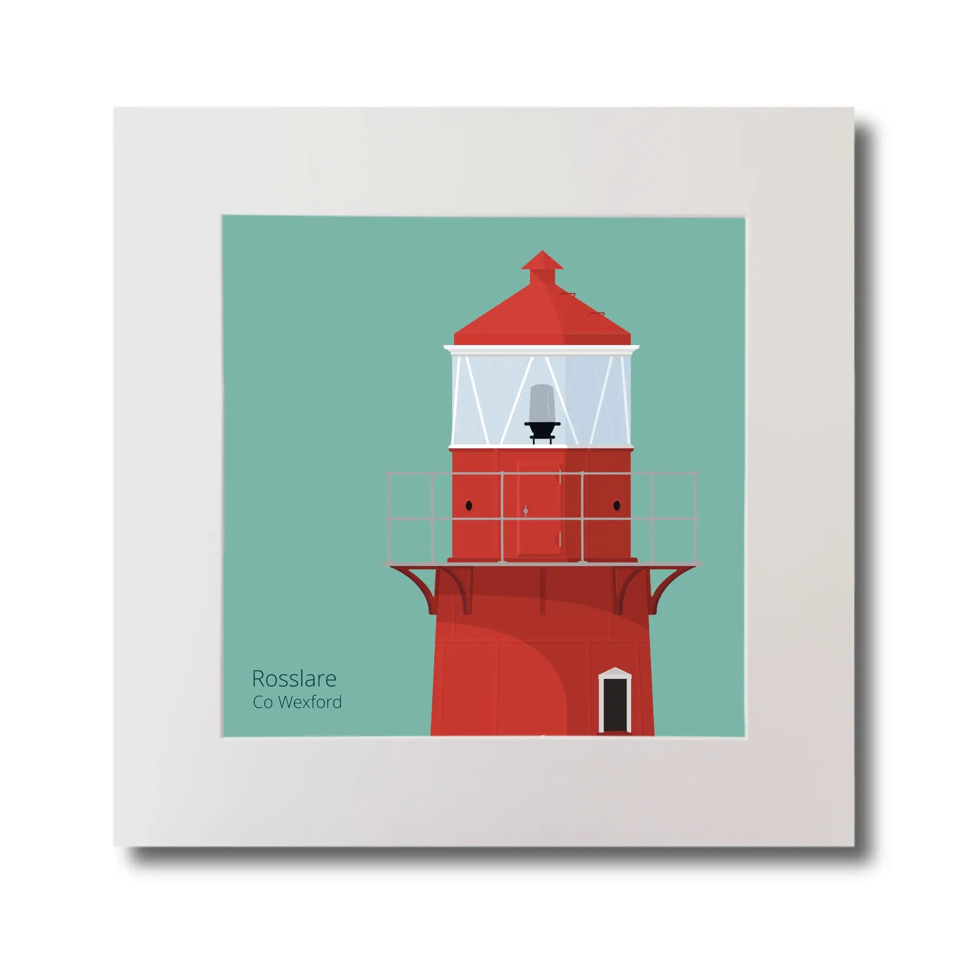 Illustration of Rosslare Harbour lighthouse on an ocean green background, mounted and measuring 30x30cm.