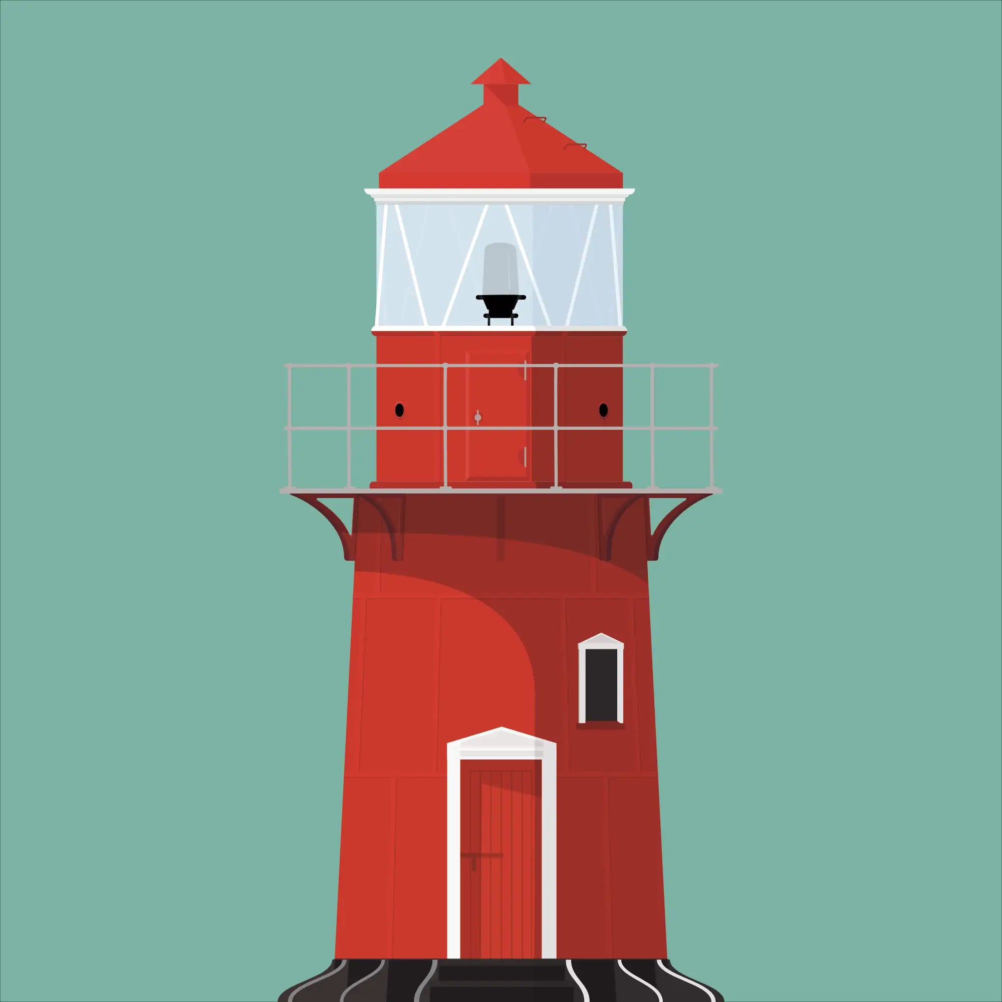 Illustration of Rosslare Harbour lighthouse on a white background inside light blue square.