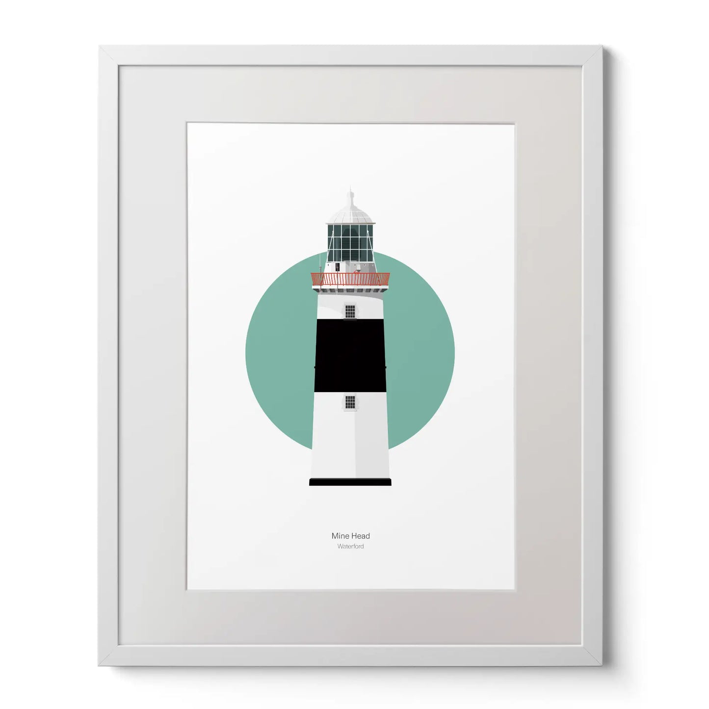 Wall hanging of Mine Head lighthouse on a white background inside light blue square,  in a white frame measuring 40x50cm.