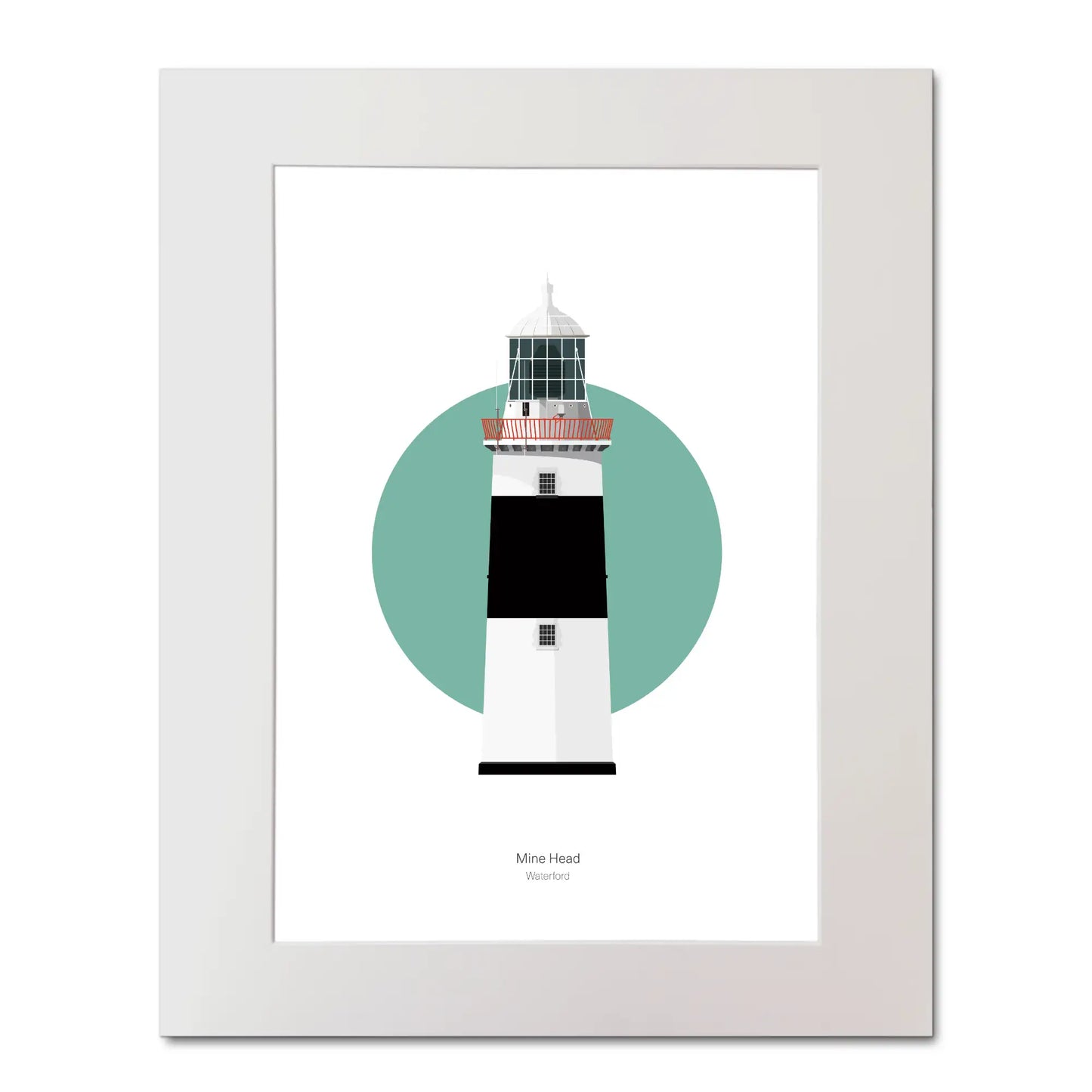 Illustration of Mine Head lighthouse on a white background inside light blue square, mounted and measuring 40x50cm.