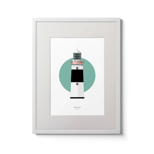 Wall hanging of Mine Head lighthouse on a white background inside light blue square,  in a white frame measuring 30x40cm.