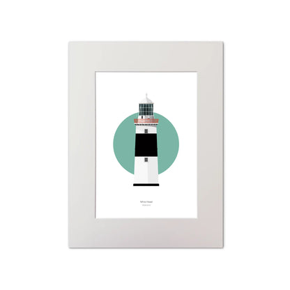 Illustration of Mine Head lighthouse on a white background inside light blue square, mounted and measuring 30x40cm.