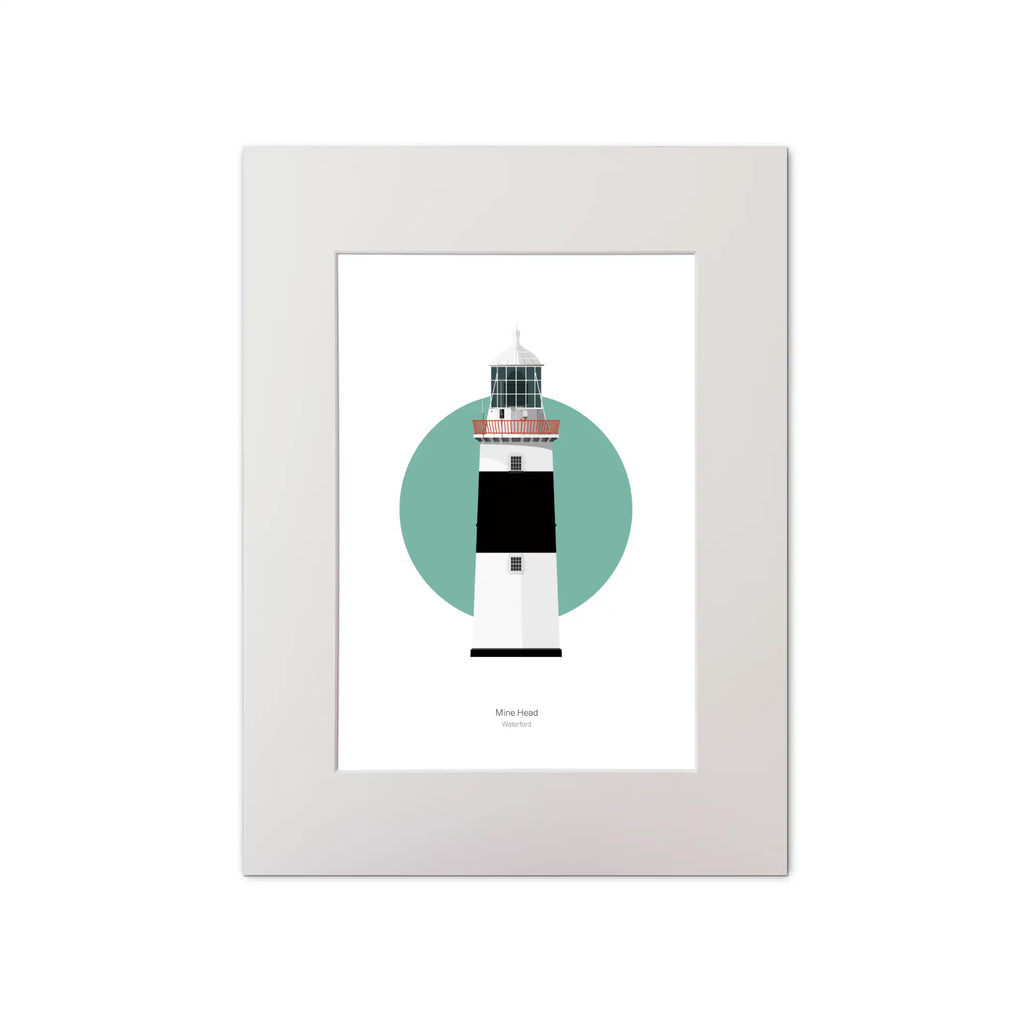 Illustration of Mine Head lighthouse on a white background inside light blue square, mounted and measuring 30x40cm.