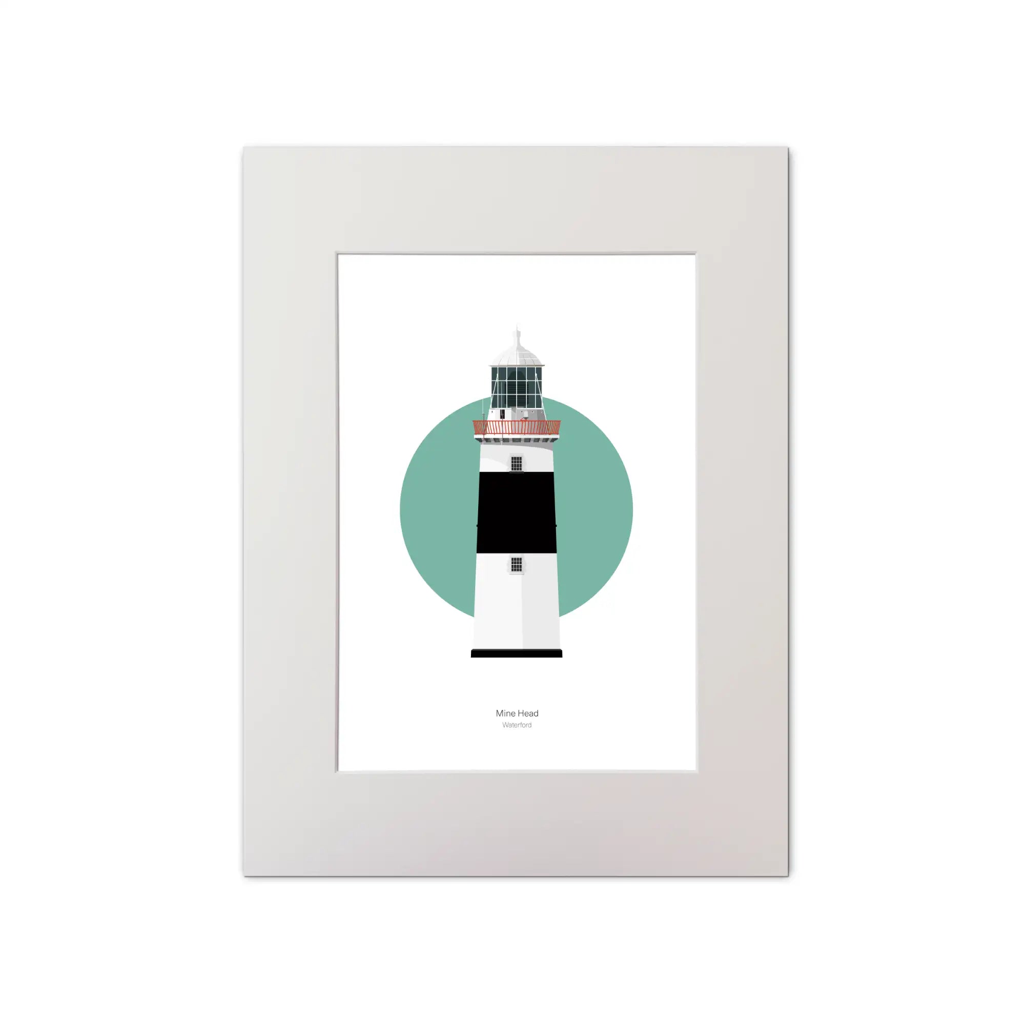 Illustration of Mine Head lighthouse on a white background inside light blue square, mounted and measuring 30x40cm.