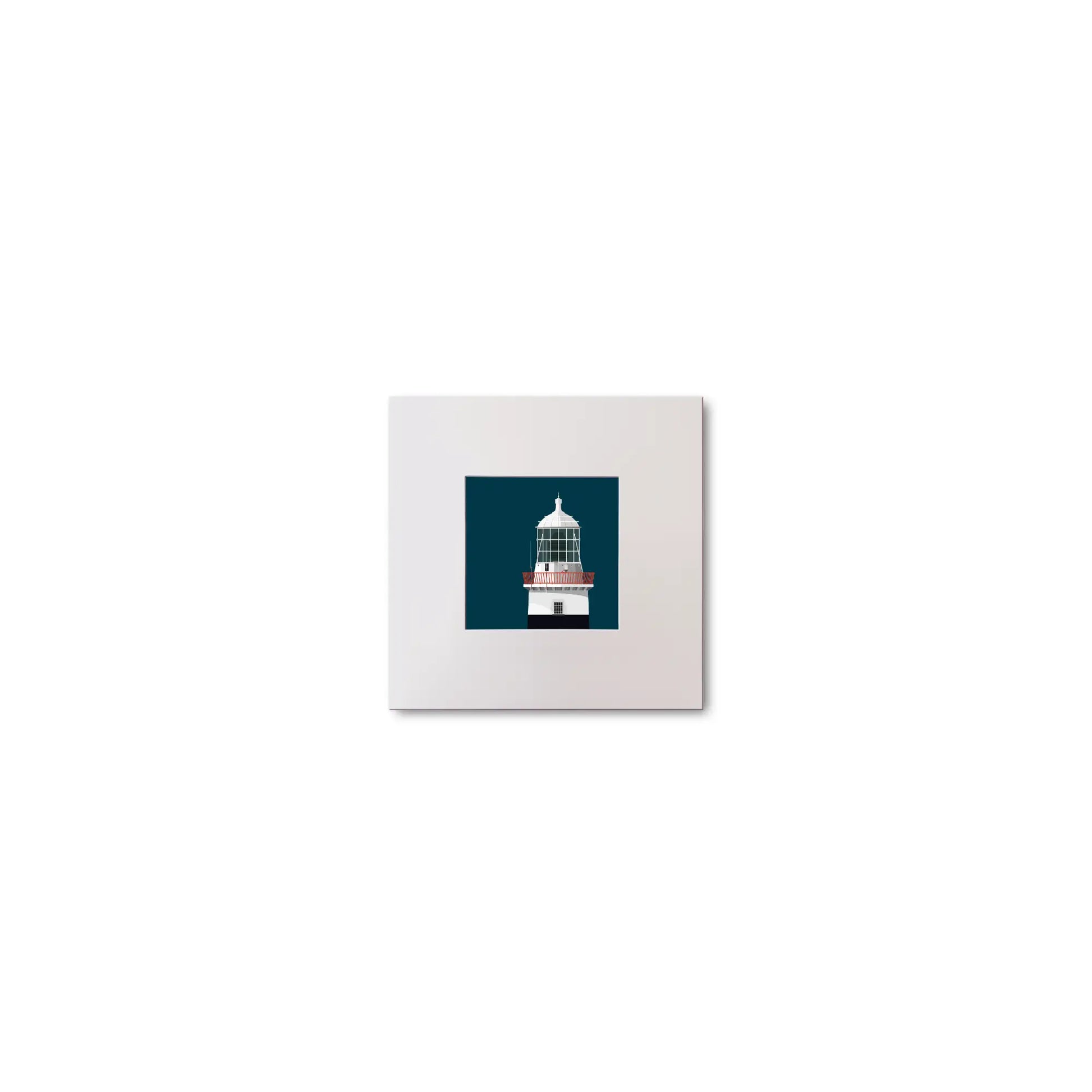 Illustration of Mine Head lighthouse on a midnight blue background, mounted and measuring 10x10cm.