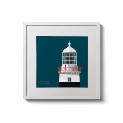 Illustration of Mine Head lighthouse on a midnight blue background,  in a white square frame measuring 20x20cm.