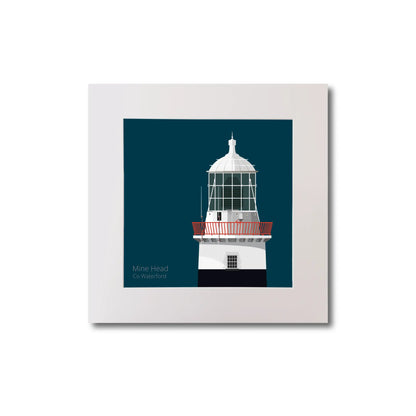 Illustration of Mine Head lighthouse on a midnight blue background, mounted and measuring 20x20cm.