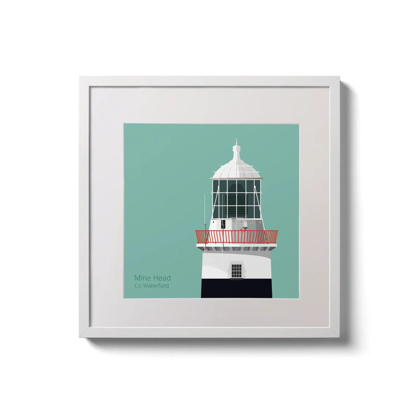 Illustration of Mine Head lighthouse on an ocean green background,  in a white square frame measuring 20x20cm.
