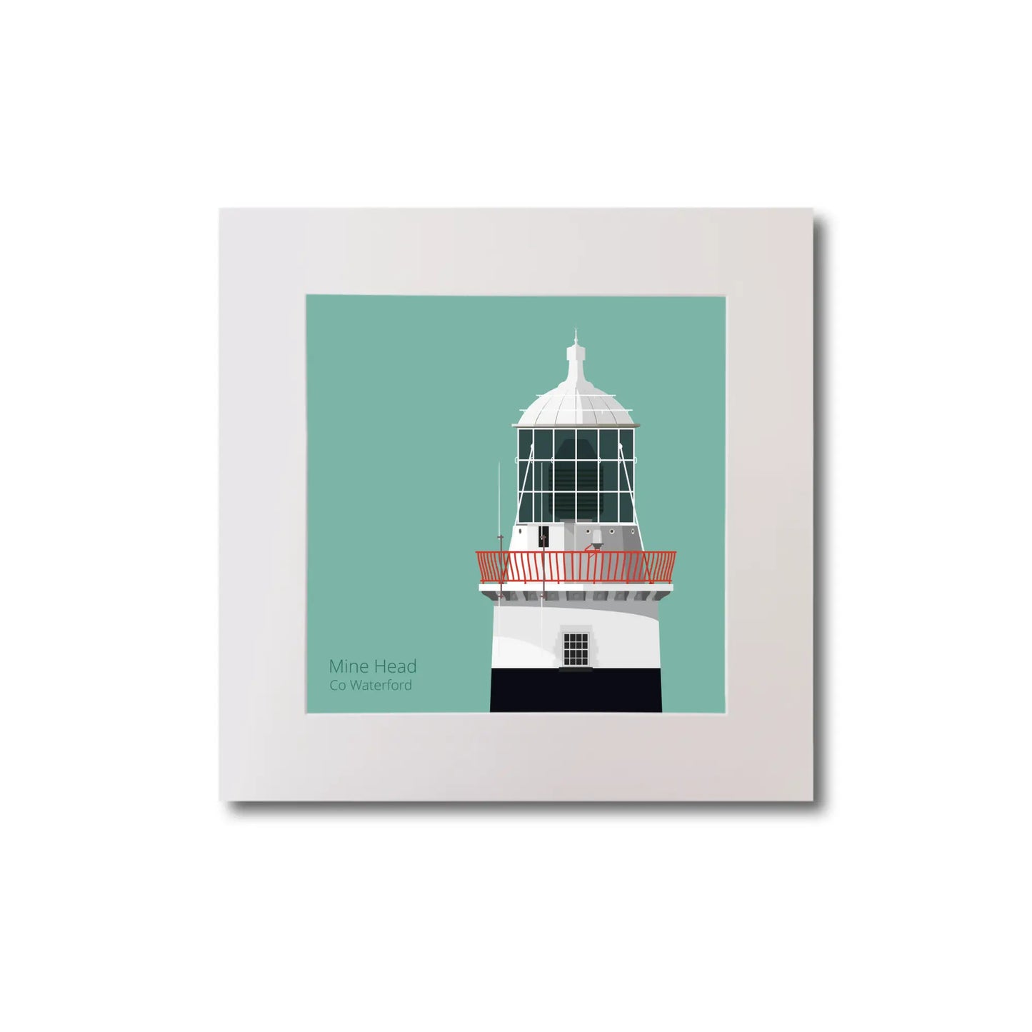 Illustration of Mine Head lighthouse on an ocean green background, mounted and measuring 20x20cm.