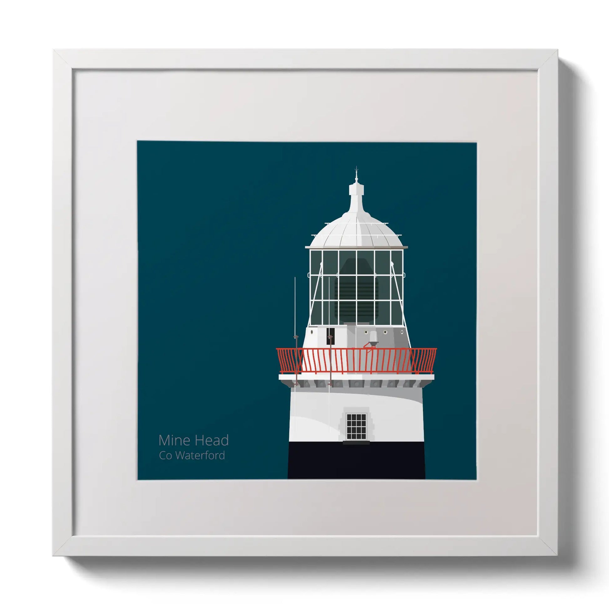 Illustration of Mine Head lighthouse on a midnight blue background,  in a white square frame measuring 30x30cm.