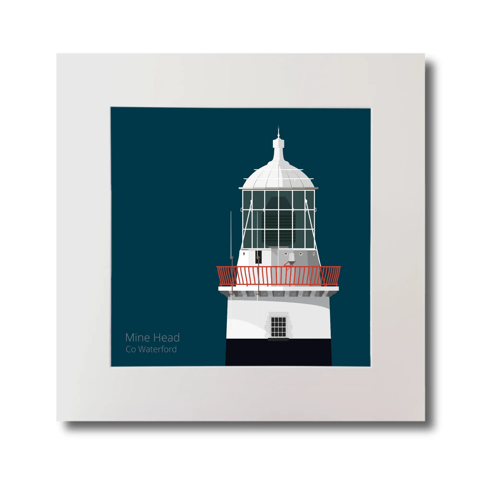 Illustration of Mine Head lighthouse on a midnight blue background, mounted and measuring 30x30cm.