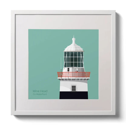 Illustration of Mine Head lighthouse on an ocean green background,  in a white square frame measuring 30x30cm.