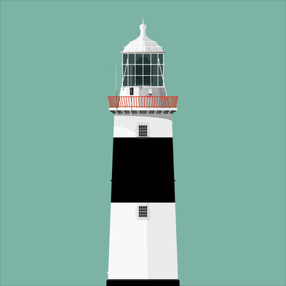 Illustration of Mine Head lighthouse on a white background inside light blue square.