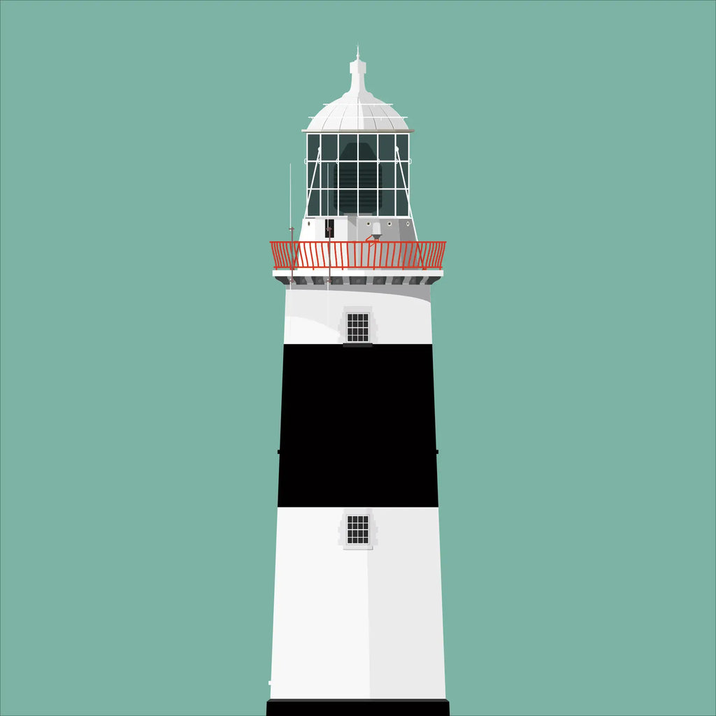 Illustration of Mine Head lighthouse on a white background inside light blue square.