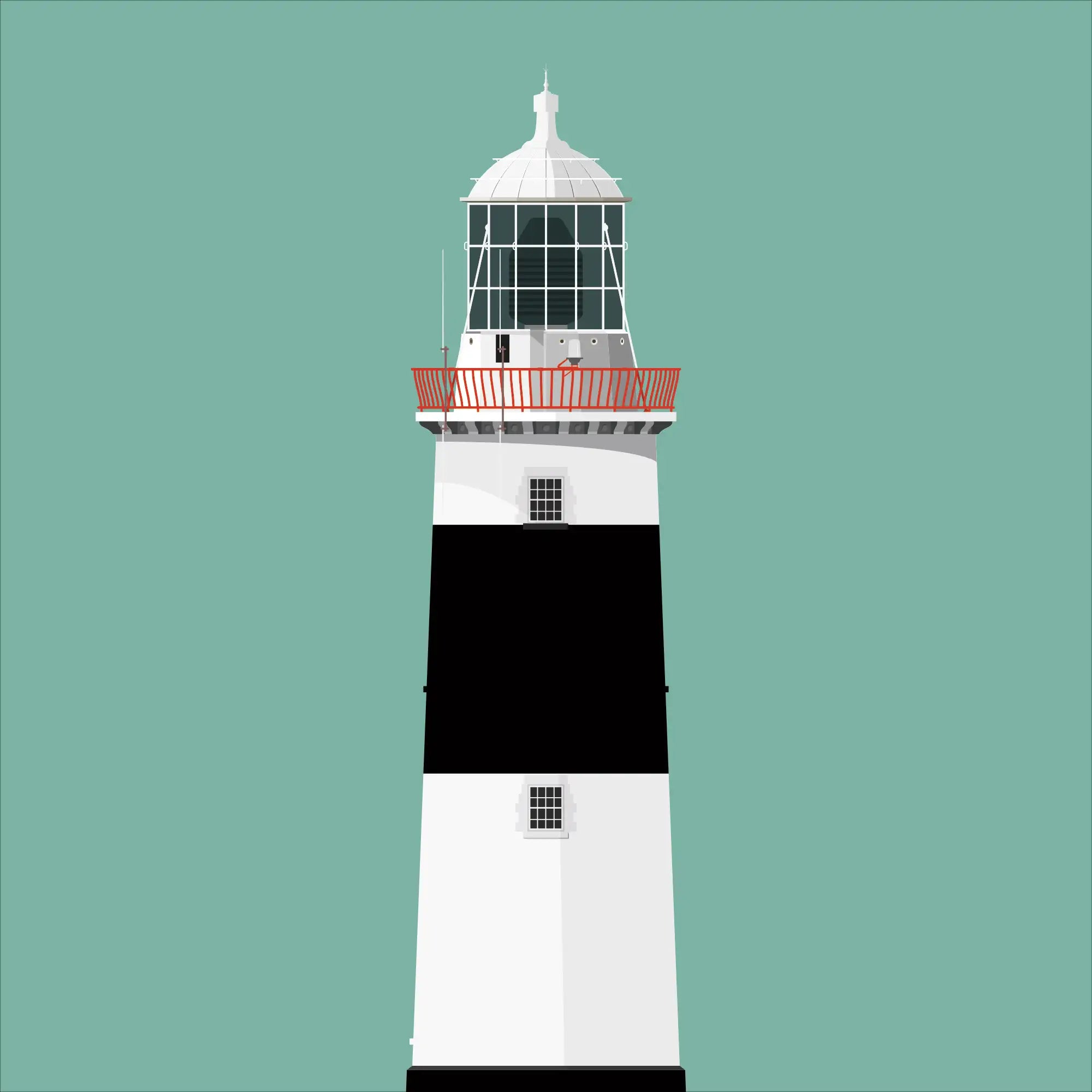Illustration of Mine Head lighthouse on a white background inside light blue square.
