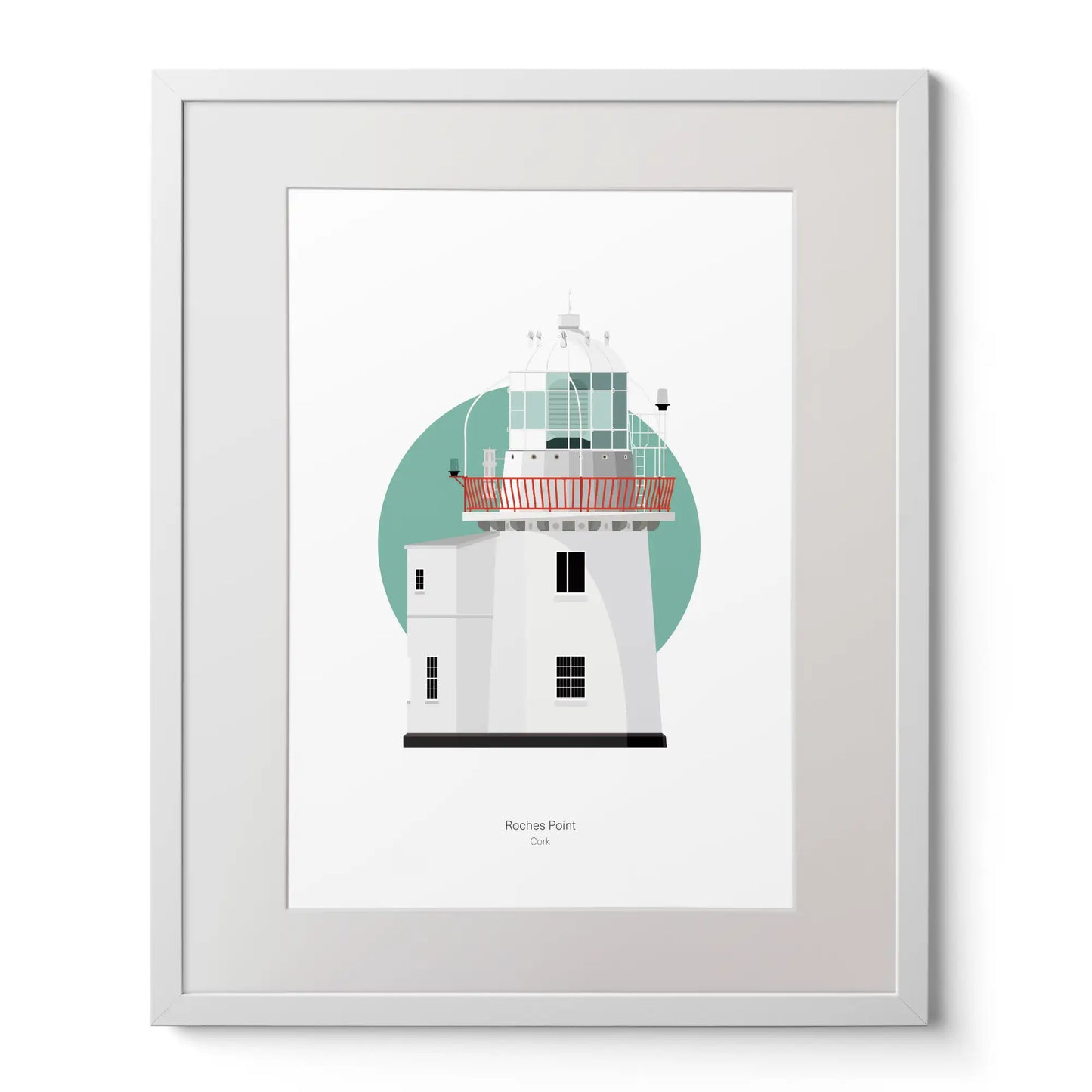 Illustration of Roches Point lighthouse on a white background inside light blue square,  in a white frame measuring 40x50cm.