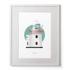 Illustration of Roches Point lighthouse on a white background inside light blue square,  in a white frame measuring 40x50cm.