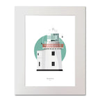 Illustration of Roches Point lighthouse on a white background inside light blue square, mounted and measuring 40x50cm.