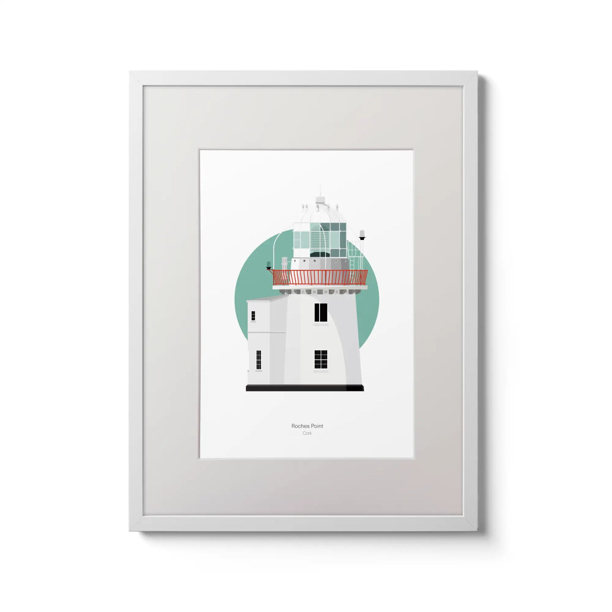Illustration of Roches Point lighthouse on a white background inside light blue square,  in a white frame measuring 30x40cm.