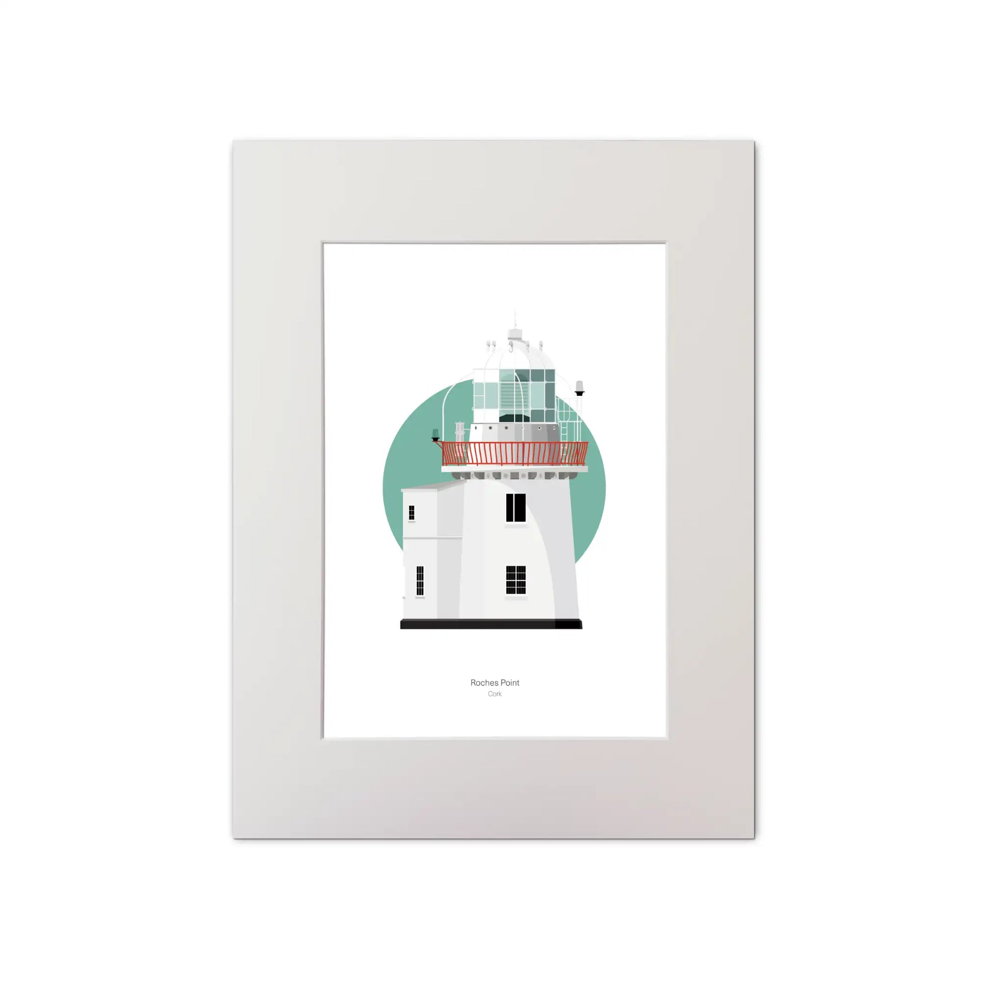 Illustration of Roches Point lighthouse on a white background inside light blue square, mounted and measuring 30x40cm.