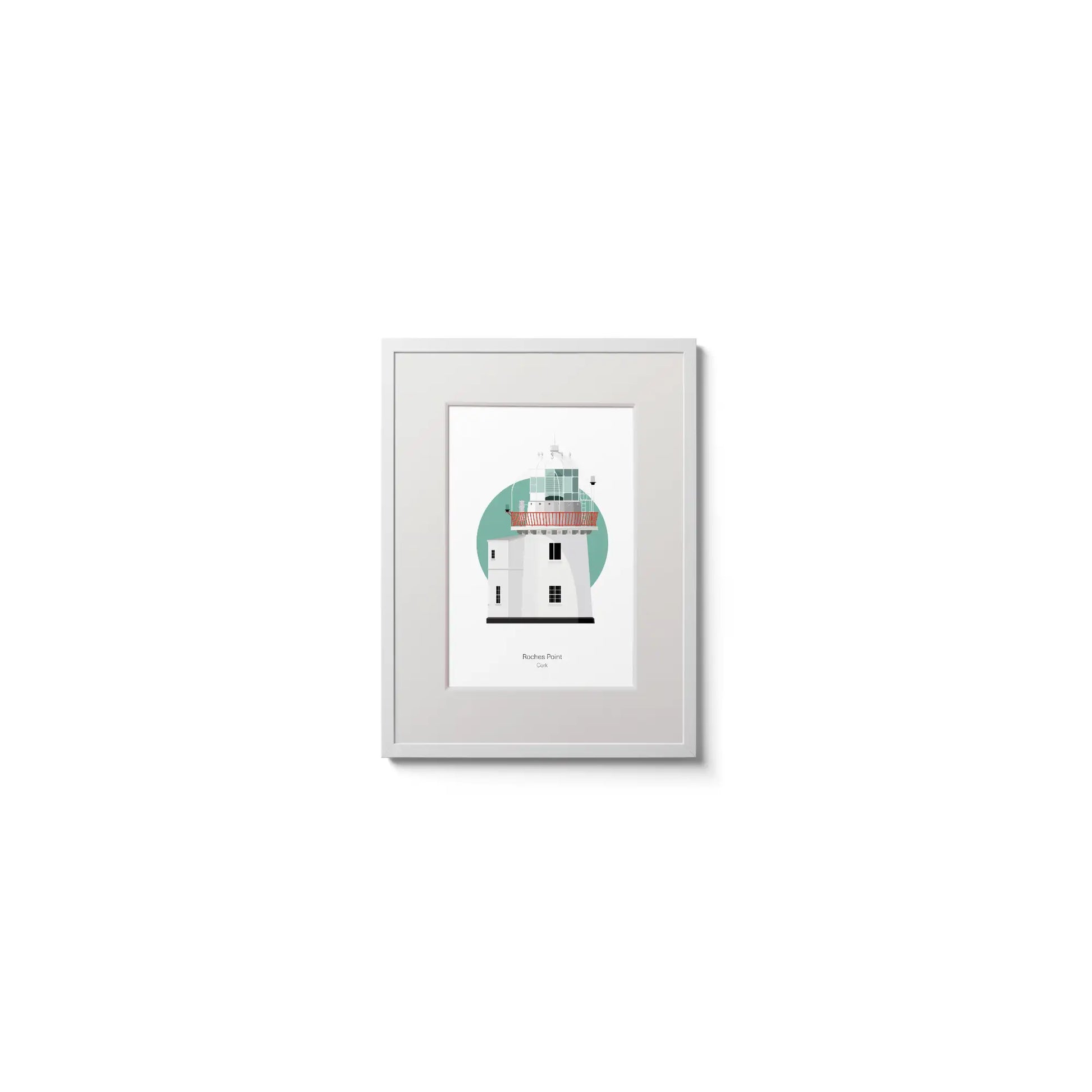 Illustration of Roches Point lighthouse on a white background inside light blue square,  in a white frame measuring 15x20cm.