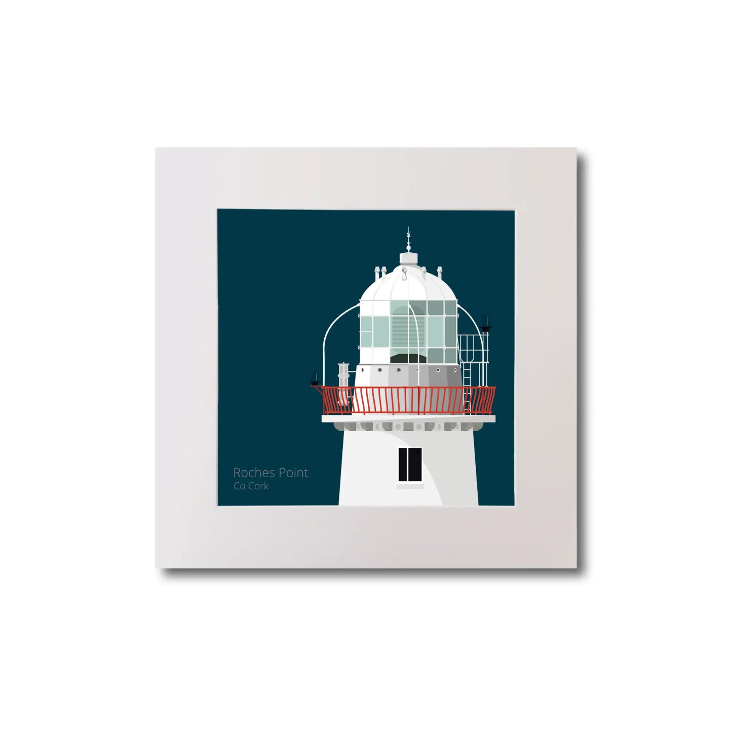 Illustration of Roches Point lighthouse on a midnight blue background, mounted and measuring 20x20cm.
