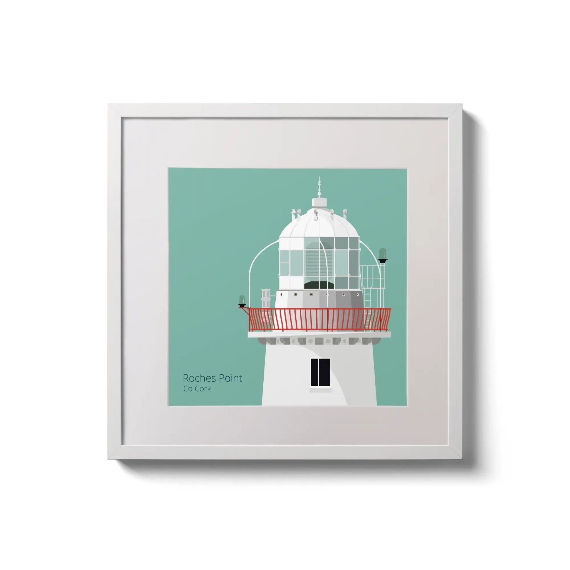 Illustration of Roches Point lighthouse on an ocean green background,  in a white square frame measuring 20x20cm.