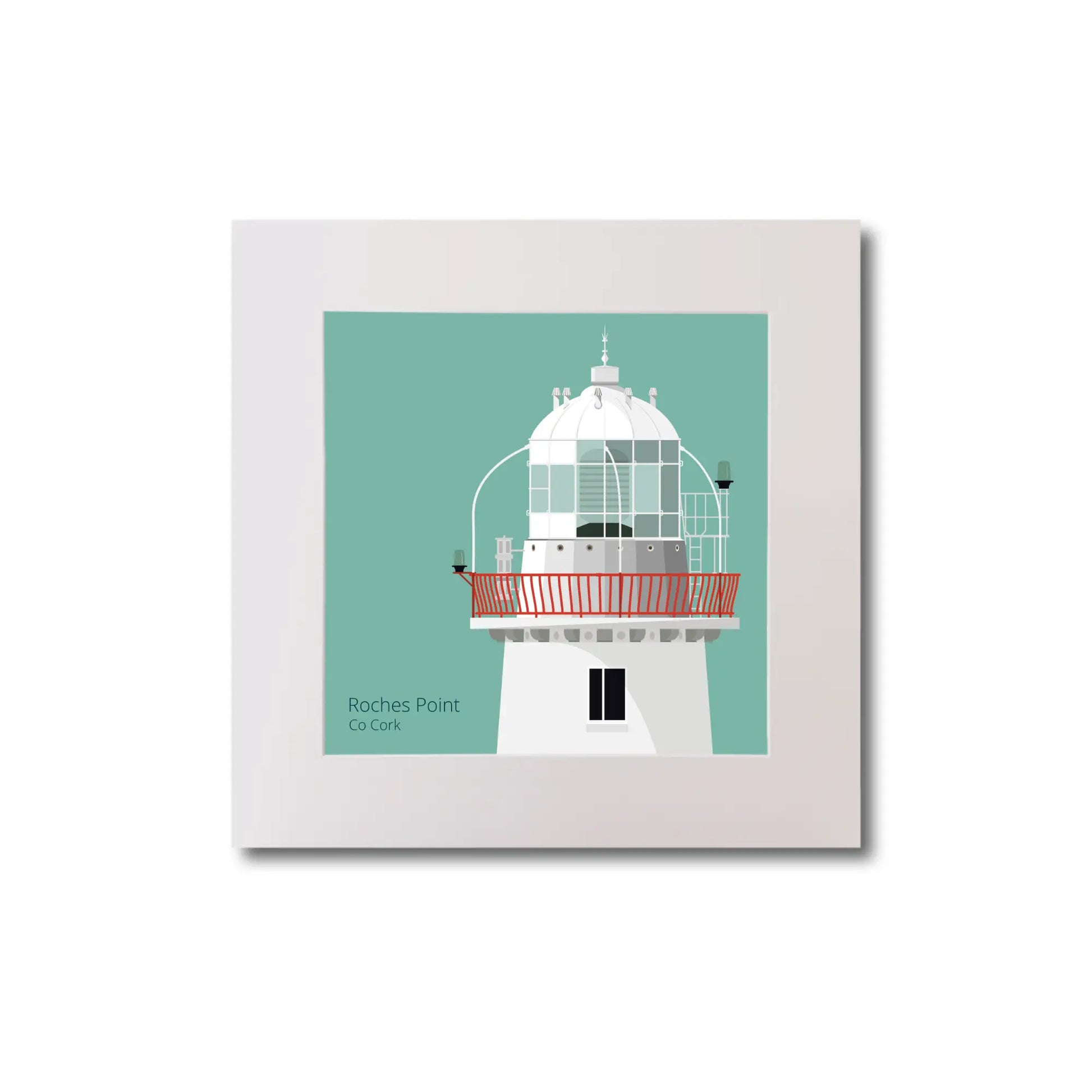 Illustration of Roches Point lighthouse on an ocean green background, mounted and measuring 20x20cm.