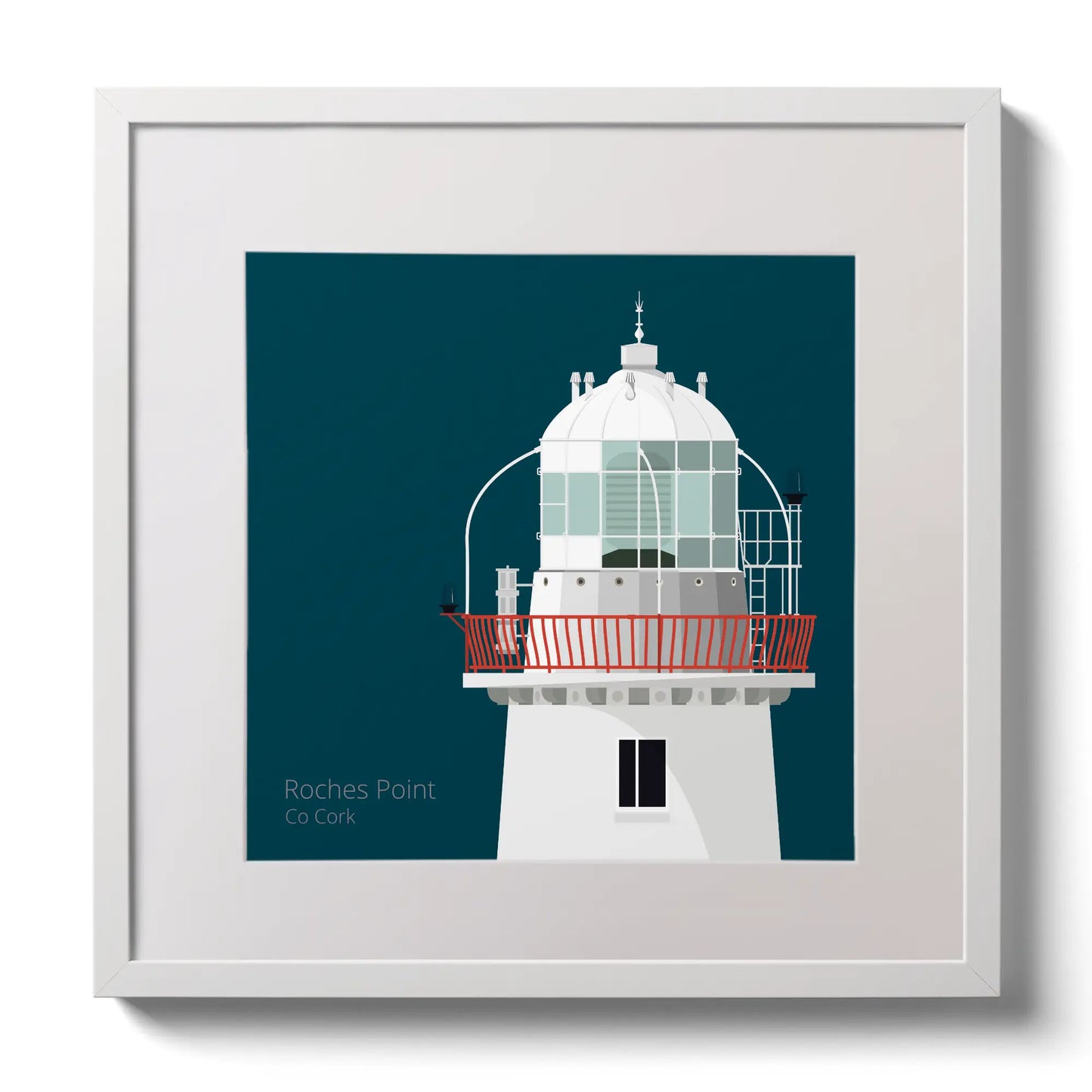 Illustration of Roches Point lighthouse on a midnight blue background,  in a white square frame measuring 30x30cm.