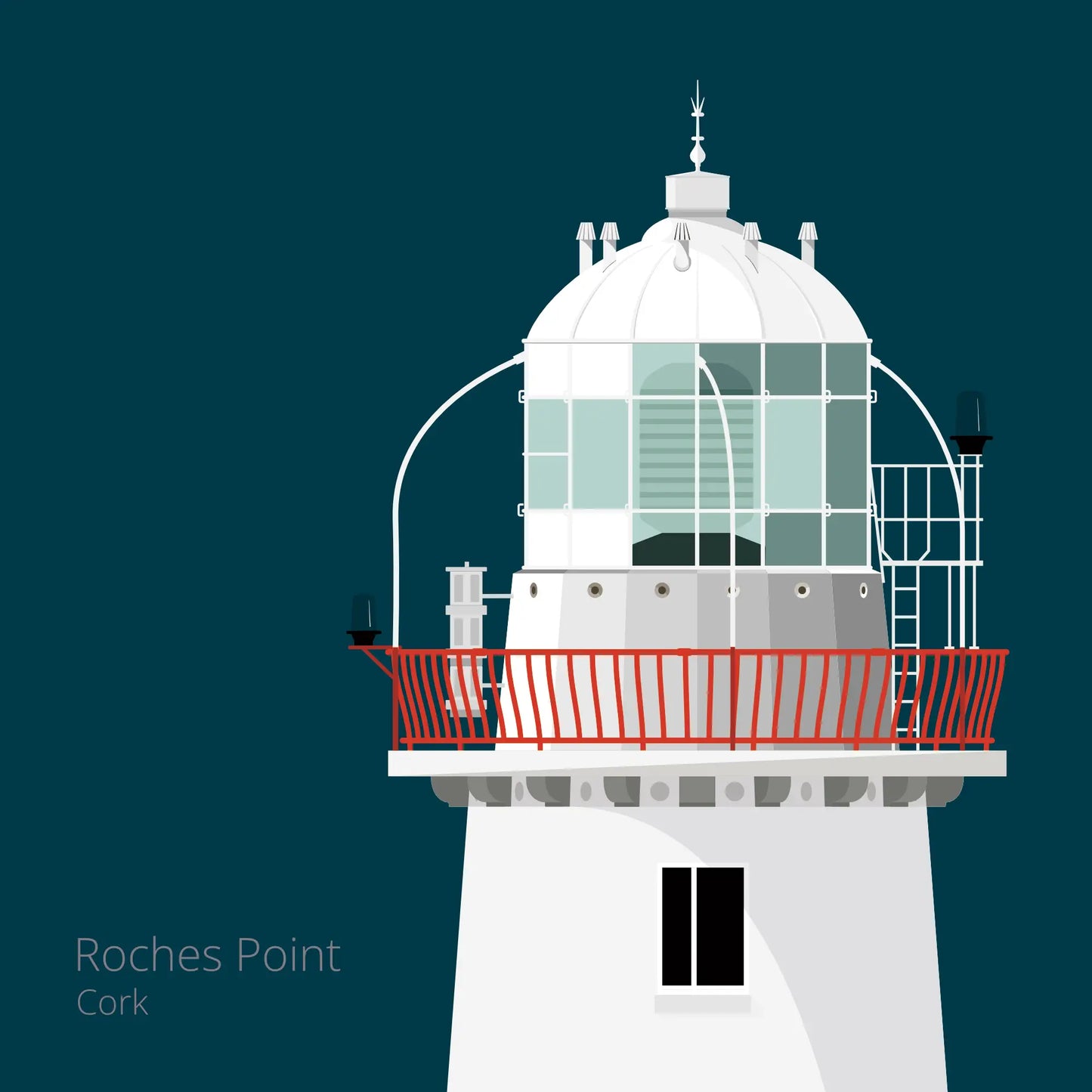 Illustration of Roches Point lighthouse on a midnight blue background