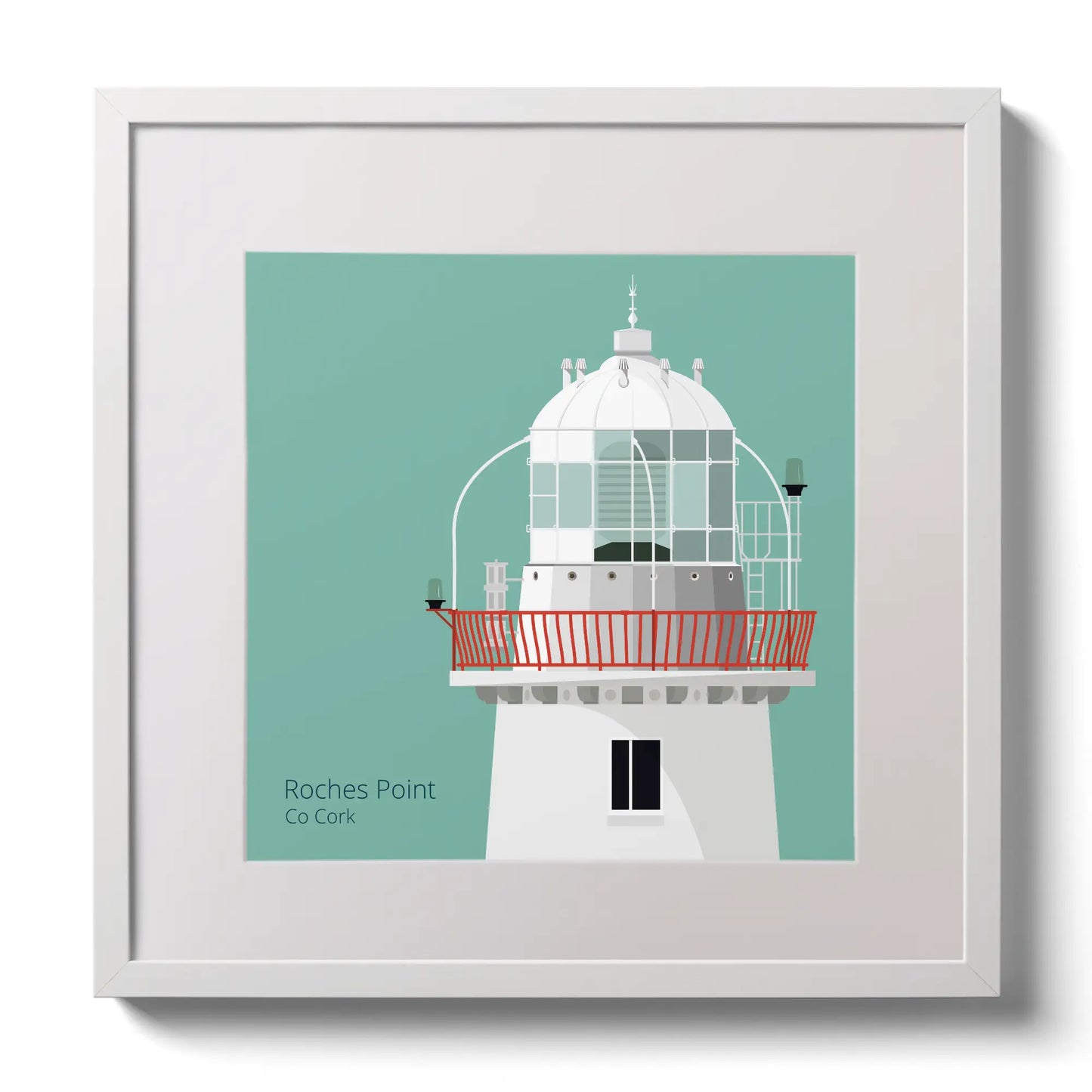 Illustration of Roches Point lighthouse on an ocean green background,  in a white square frame measuring 30x30cm.