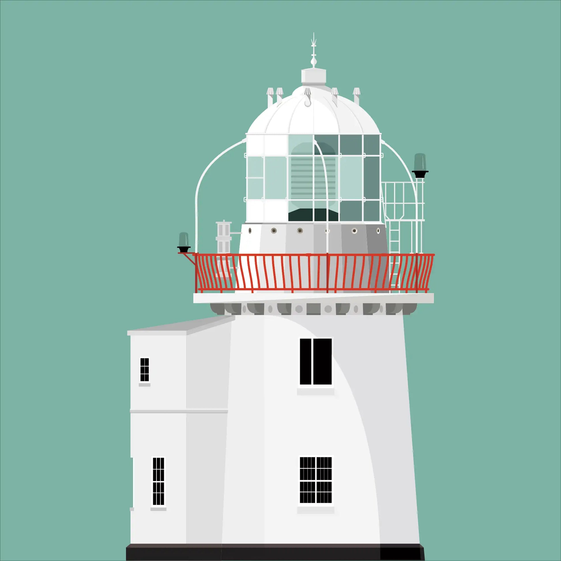 Illustration of Roches Point lighthouse on a white background inside light blue square.