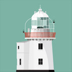 Illustration of Roches Point lighthouse on a white background inside light blue square.