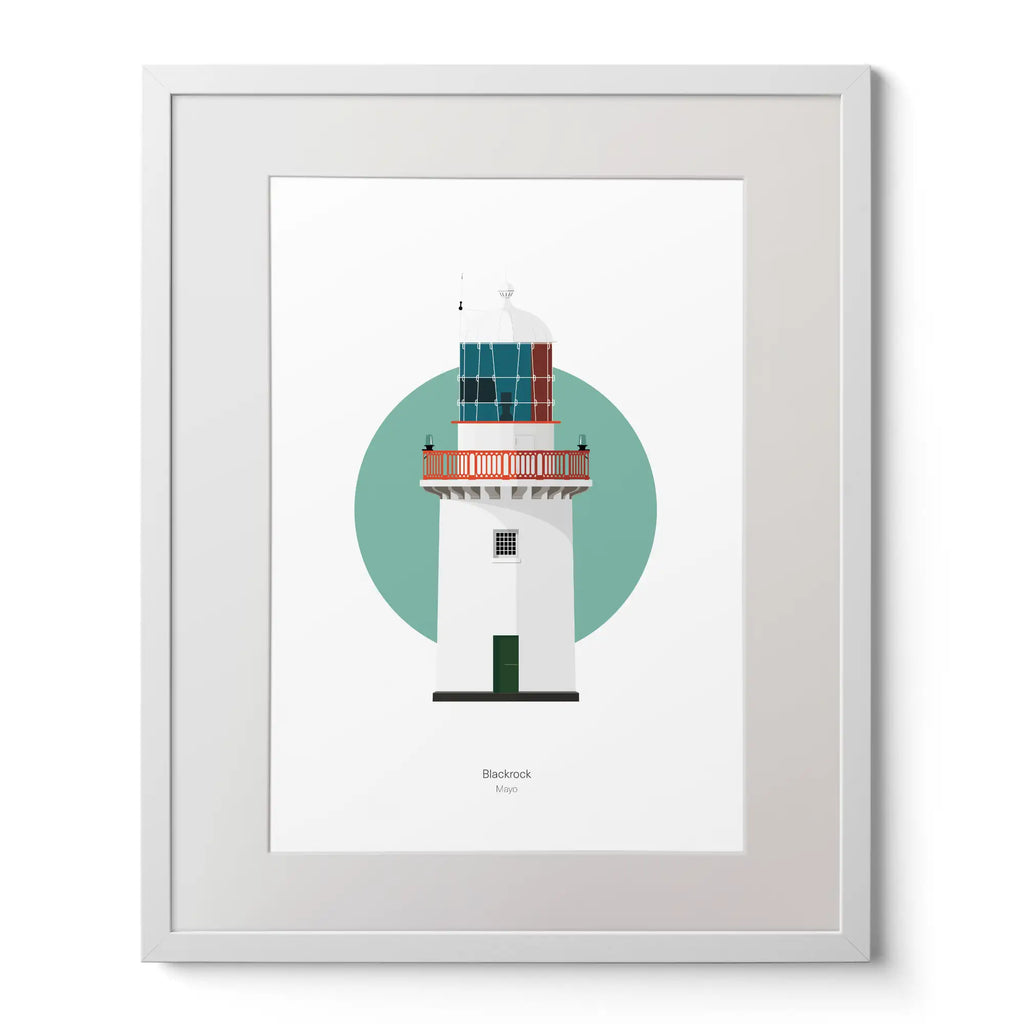 Illustration of Black Rock lighthouse on a white background inside light blue square,  in a white frame measuring 40x50cm.