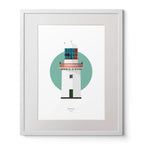 Illustration of Black Rock lighthouse on a white background inside light blue square,  in a white frame measuring 40x50cm.