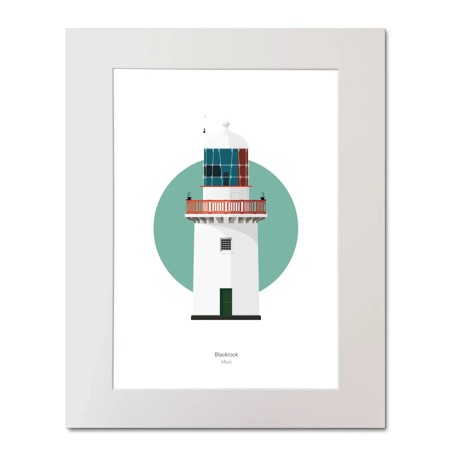 Illustration of Black Rock lighthouse on a white background inside light blue square, mounted and measuring 40x50cm.