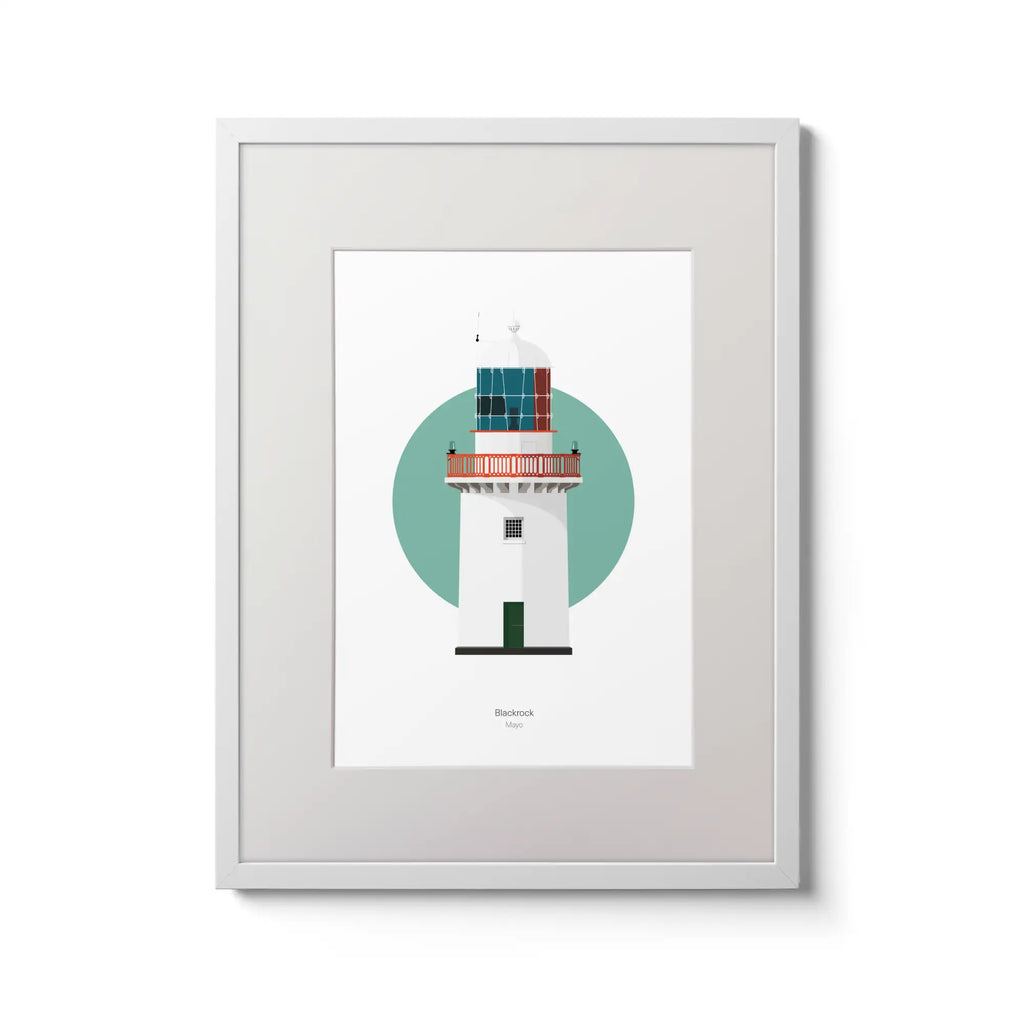 Illustration of Black Rock lighthouse on a white background inside light blue square,  in a white frame measuring 30x40cm.
