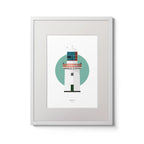 Illustration of Black Rock lighthouse on a white background inside light blue square,  in a white frame measuring 30x40cm.