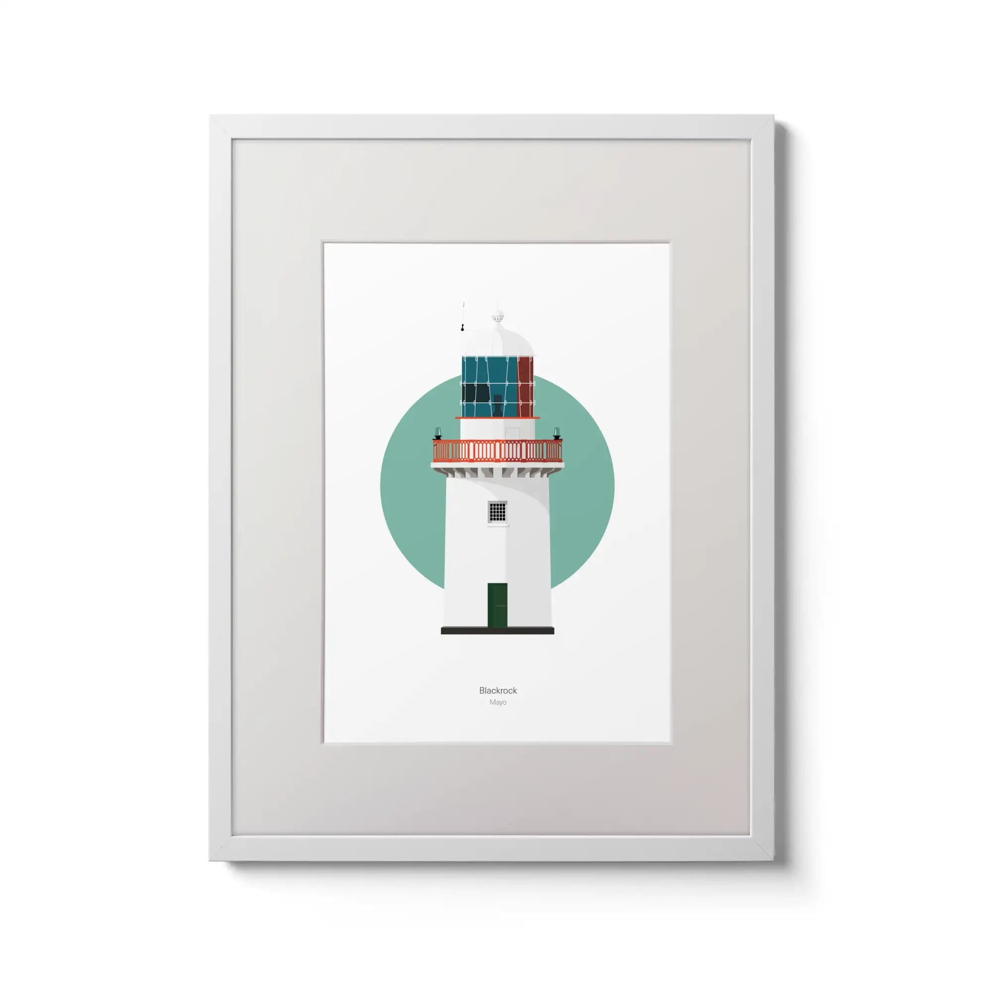 Illustration of Black Rock lighthouse on a white background inside light blue square,  in a white frame measuring 30x40cm.