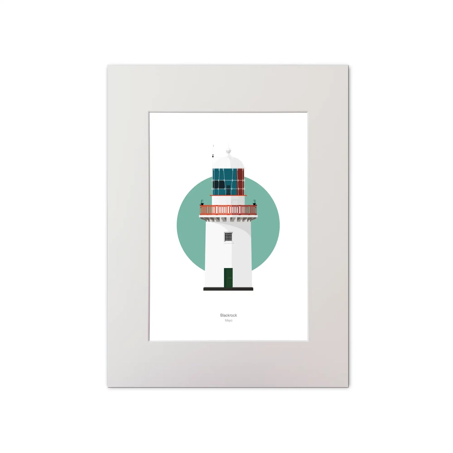 Illustration of Black Rock lighthouse on a white background inside light blue square, mounted and measuring 30x40cm.